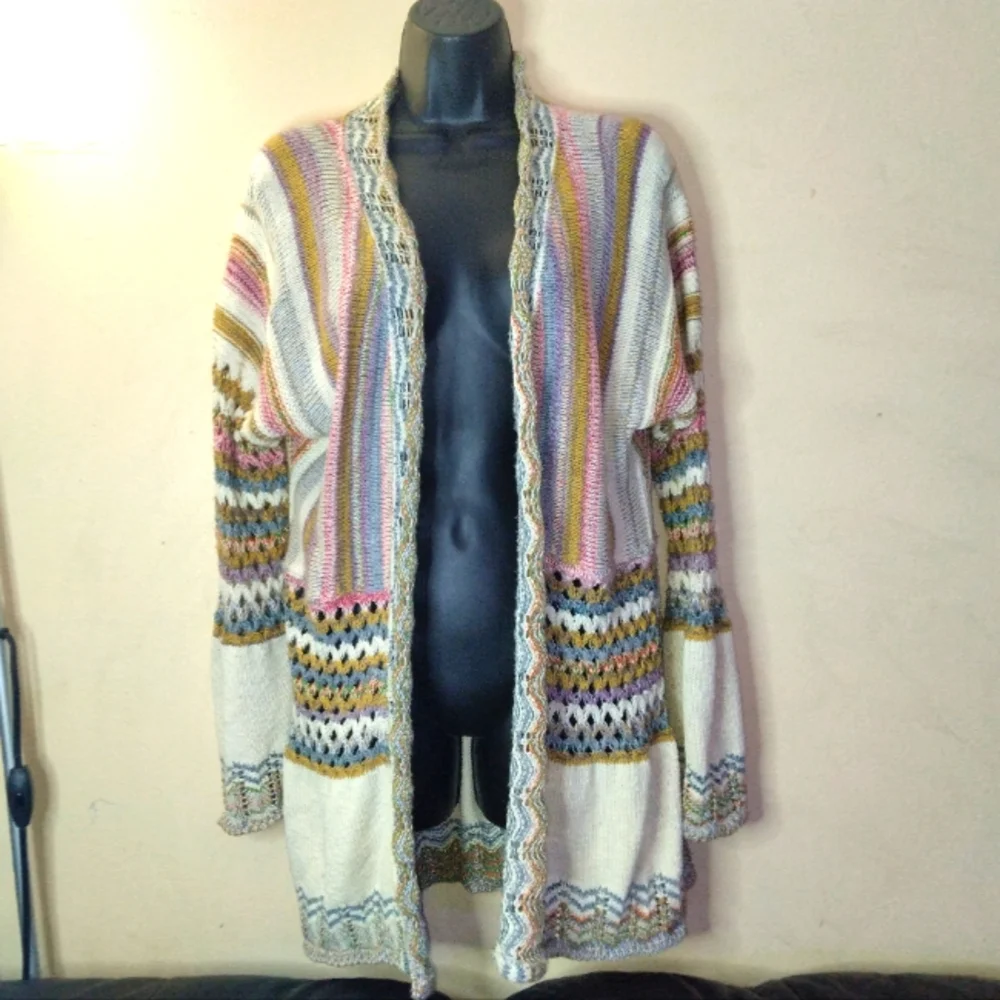 Boston Proper Open Knit Boho Patchwork Cardigan Size XS